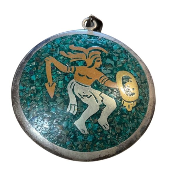 TURQUOISE TAXCO MEXICAN WARRIOR PENDANT WITH SILVER COPPER & BRASS INLAY 2.25"W - Picture 1 of 3